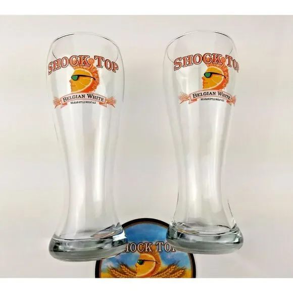 2 - SHOCK TOP BELGIAN WHITE Beer Pilsner Glasses &‎ Vintage Beer Coaster - Picture 1 of 16